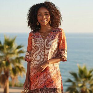 ZARA Paisley Tunic Top L Satin Blouse Orange Long Shirt Boho Convertible Sleeves